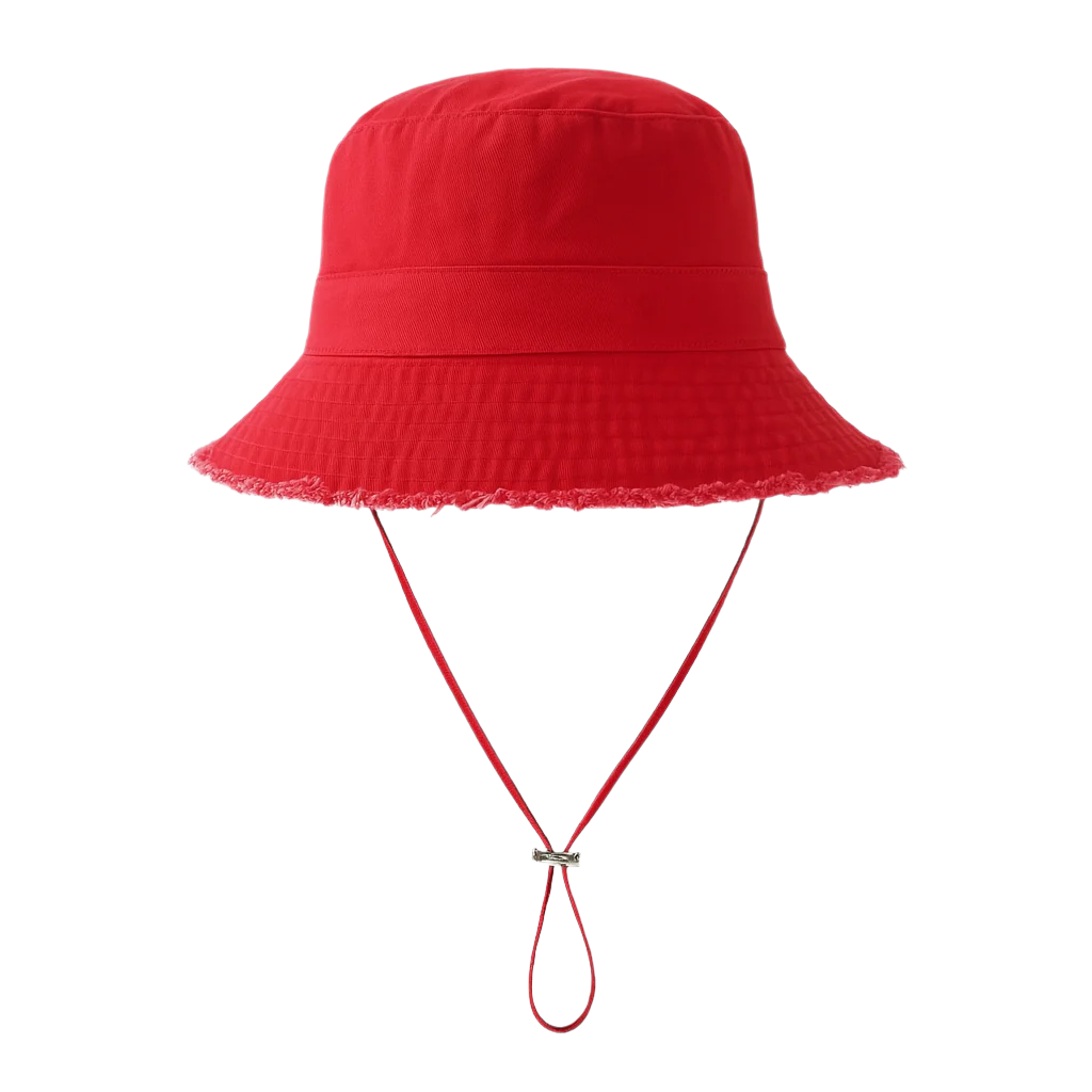 Red bucket hat with a strap on a white background